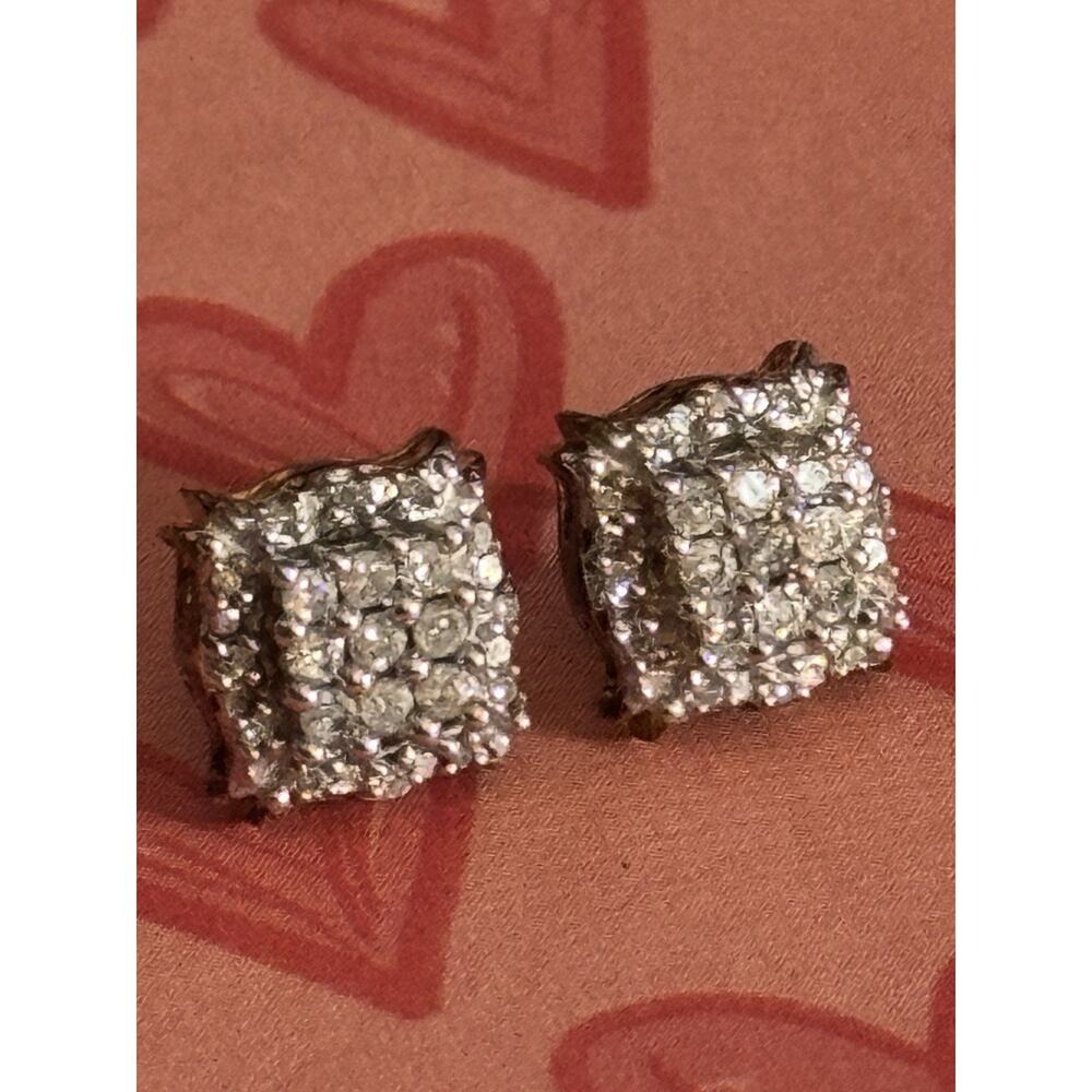 Vintage Sterling Silver 925 Pavé Diamond Square Stud Earrings Total 42 Diamonds - Picture 3 of 9